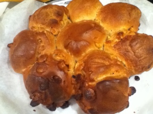 White choc chip Easter buns in a pull-apart